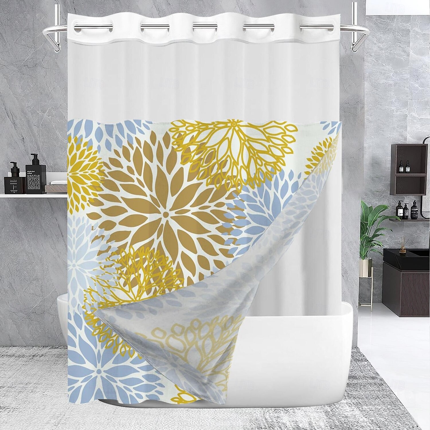 No Hook Leaves Pattern Shower Curtain 180cm*180cm(70"*70"), Double Layer Waterproof Bathtub Curtain with Snap-in Fabric Liner & Sheer Top Window for Bathroom Decor 2025 - $41.99 –P2