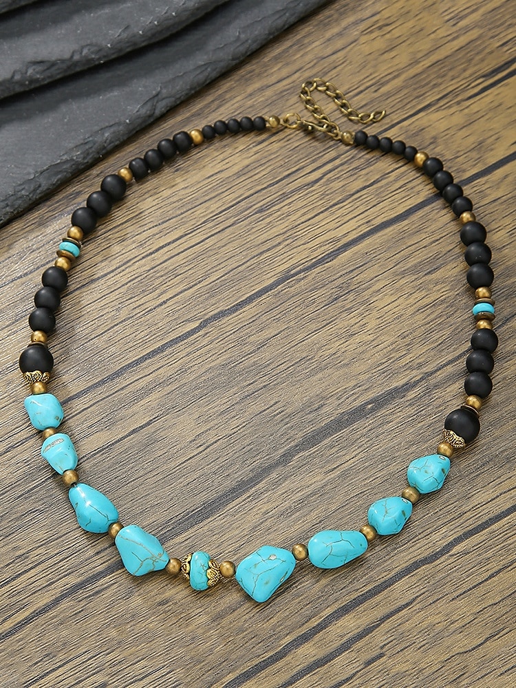 Collier de perles en pierre naturelle fait main pour homme – ras du cou style bohème vintage turquoise et agate noire, bijoux tribaux pour la plage, les voyages et les tenues décontractées de 2025 ? $9.99 –P5
