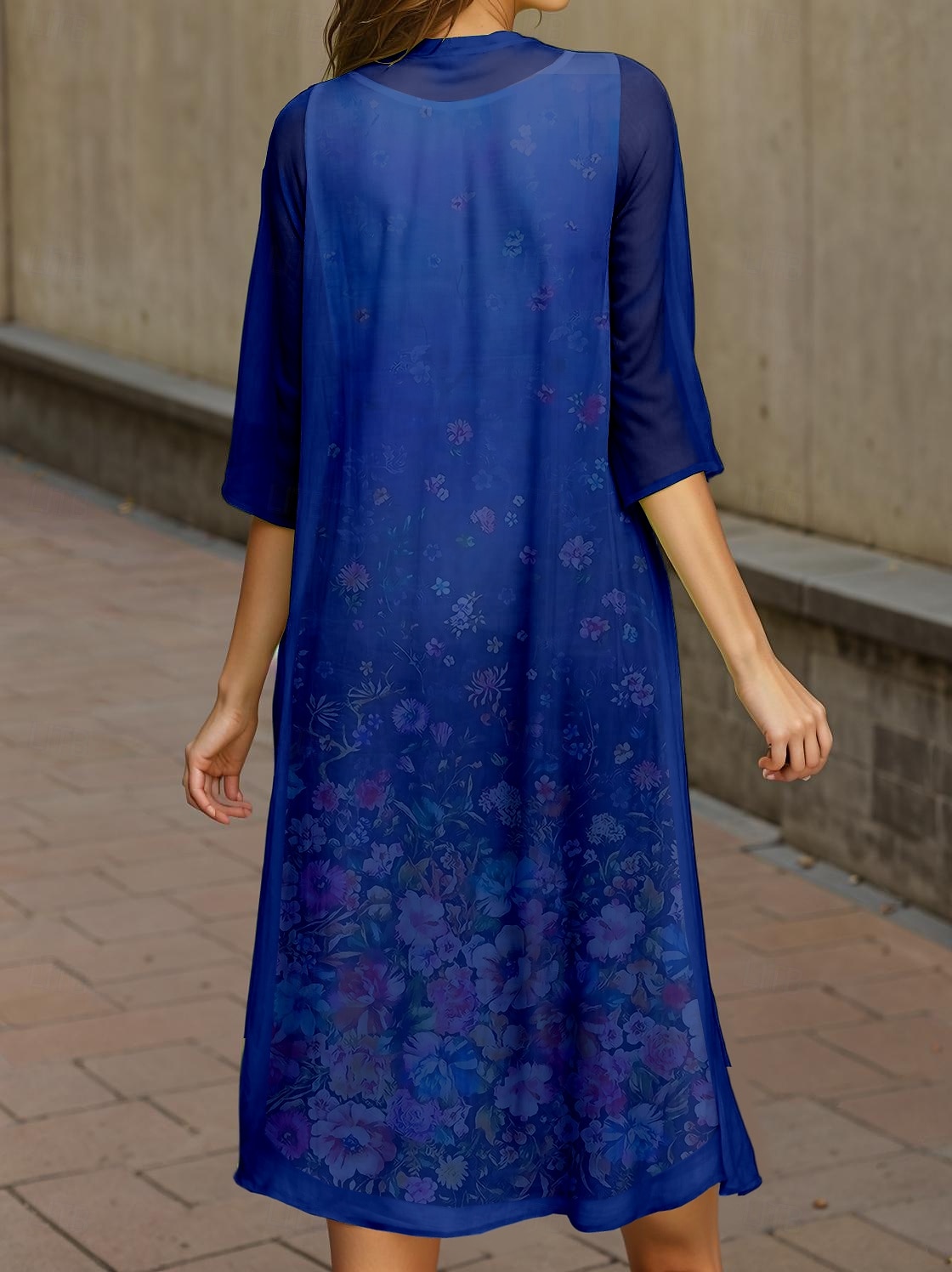Women's Graduation Midi Dress 2 Pieces Dress Set A Line Dress Summer Dress Vacation Casual Ombre Floral Pleated Print Half Sleeve Crew Neck Vacation Daily Navy Blue Spring Fall Regular Fit 2025 - $36.99 –P2