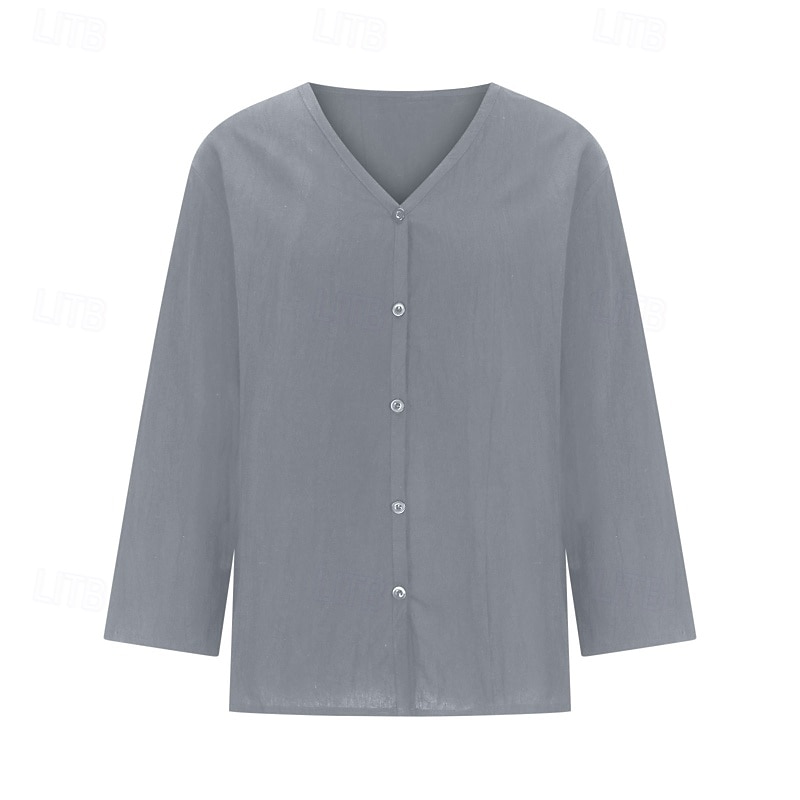 Damen Bluse Baumwoll-Leinen-Hemden Einfach Basic Modern Dreiviertelarm V Ausschnitt Normale Oberteile Täglich Ferien Ausgehen Knöpfe Schwarz Weiß Rosa Braun Aprikose Sommer 2025 - $22.99 –P2