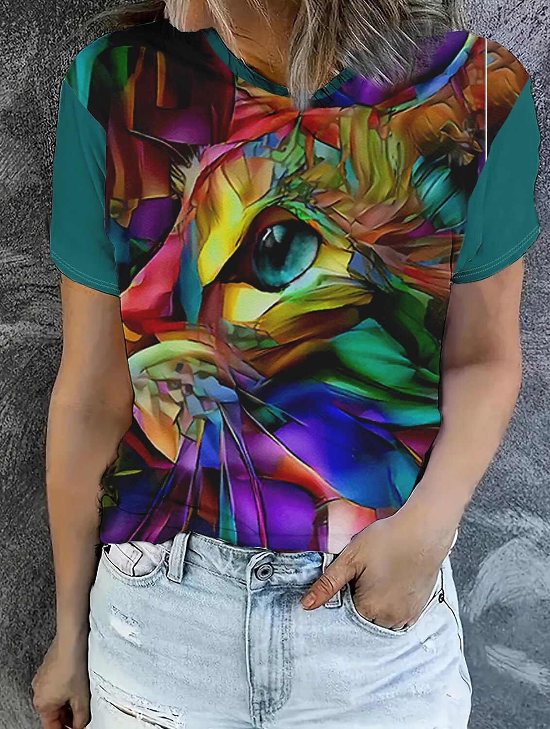 Dámské Tričko Letní vrcholy Barevné bloky Kočka Klasické Na běžné nošení Krátký rukáv Tričkový Crop Tops Denní Víkend Tisk Duhová Léto Jaro Podzim 2025 - $13.99 –P1