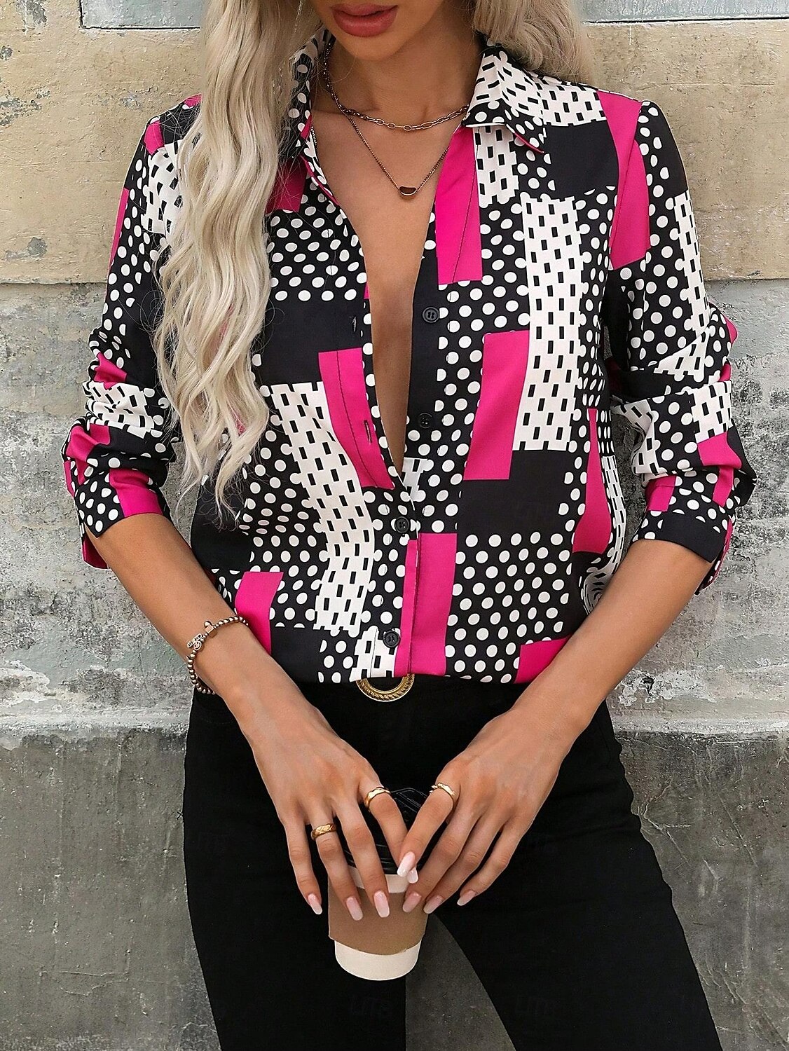 Dame Skjorte Grafisk Geometrisk Polkadotter Fritid Langermet Skjortekrage Vanlige topper Arbeid Daglig Knapper Trykt mønster Rosa Vår Høst Vinter 2025 - $32.99 –P1