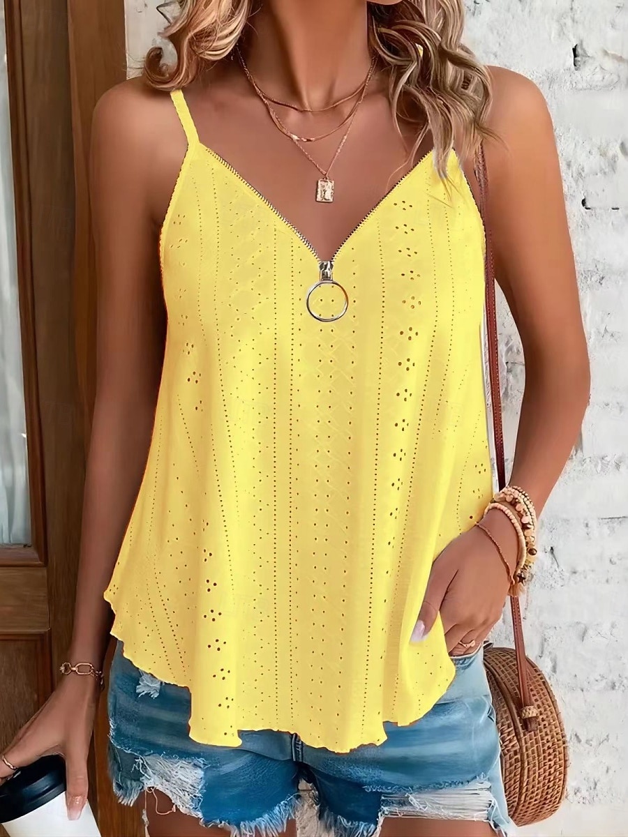 Débardeur en camisole pour femmes couleur solide élégant décontracté sans manches bretelle débardeurs réguliers fermeture éclair œillet blanc jaune rose bleu violet été de 2025 ? $19.99 –P6