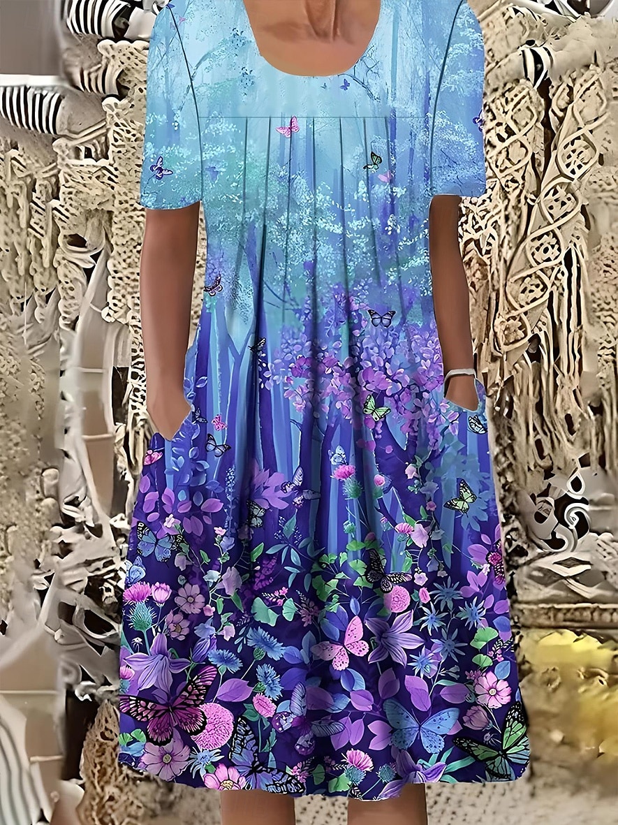 Abito Mini Femminile Abito Casual Abito Estivo Elegante Vacanza Vintage Vacanza Quotidiana Fit Largo Floral Grafica Maniche Corte Collo a Girocollo Blu Estate del 2025 a $30.99 –P1