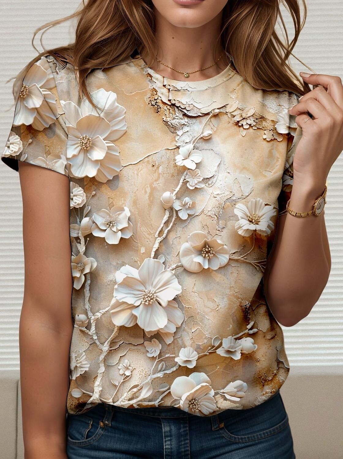 Pentru femei Tricou Floral Bloc Culoare #D Stilat Casual Manșon scurt Rotund Topuri obișnuite Zilnic Sfârșit de săptămână Imprimeu Bej Vară Primăvară 2025 - $19.99 –P1