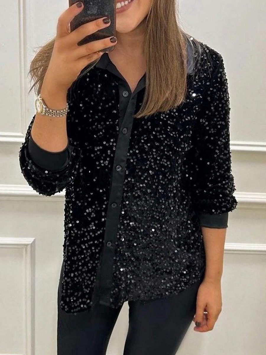 Per donna Camicia Blusa Semplice Elegante Moderno Manica Lunga Colletto a Camicia Top Regolari Quotidiano Paillettes Bottoni Tasca Nero Giallo Rosso Blu Viola Estate del 2025 a $23.99 –P2