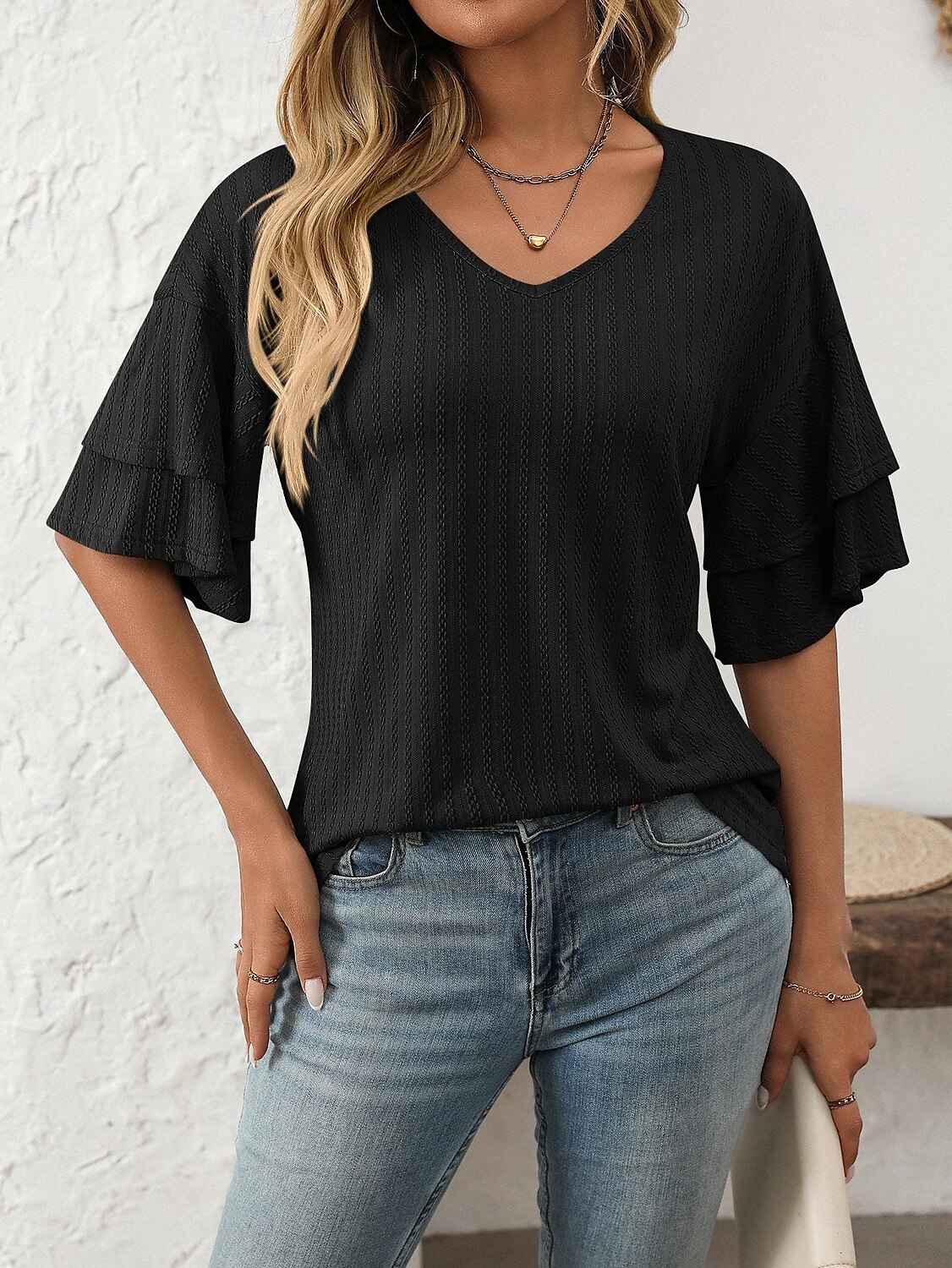 Women's T Shirt Plain Fashion Modern Short Sleeve V Neck Regular Tops Daily Ruffle Black White Wine Sky Blue Fuchsia Summer 2025 - $14.49 –P14