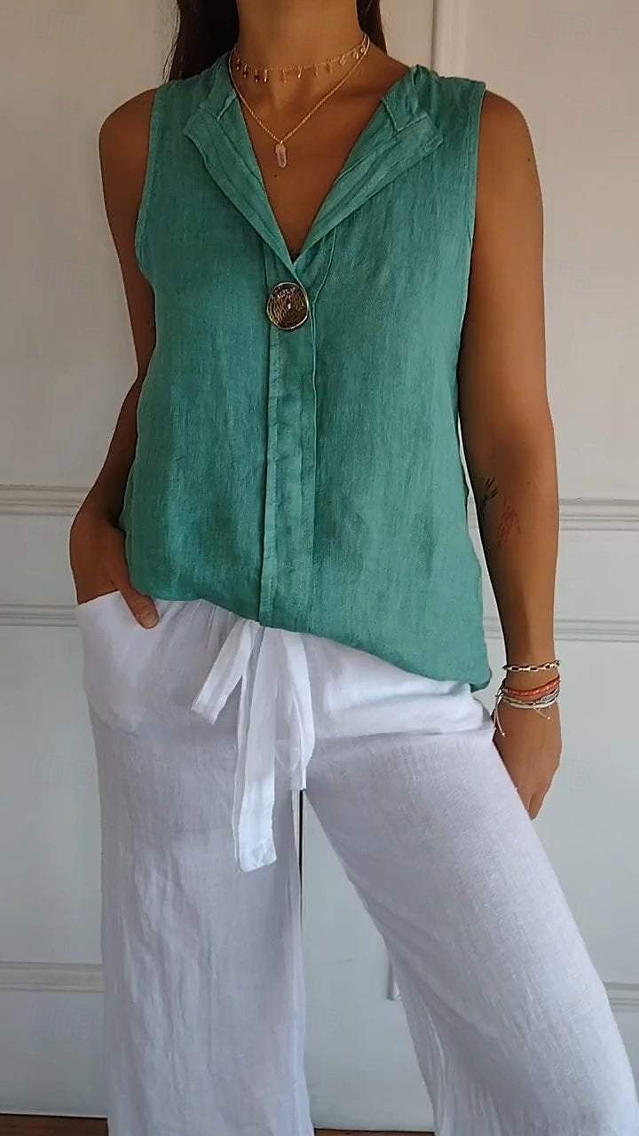 Women's Cotton Linen Shirt Blouse Solid Color Elegant Casual Sleeveless V Neck Regular Tops Daily Holiday Buttons White Navy Blue Green Khaki Summer Spring 2025 - $17.99 –P1