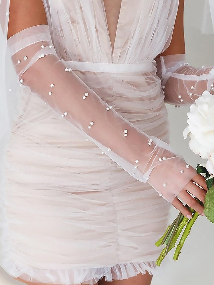 eleganta brudhandskar med skira pärlor – långa bröllopshandskar i tyll för kvinnor, vintage mesh-ärmar utan finger, högtidlig fest och tillbehör för speciella tillfällen 2025 - $11.99 –P3