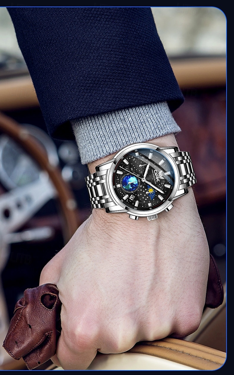 opk quartz horloge voor heren sterrenhemel weergave maanfase multifunctioneel roestvrij staal waterdicht luxe heren quartz horloge 8142 2025 - $32.99 -P13