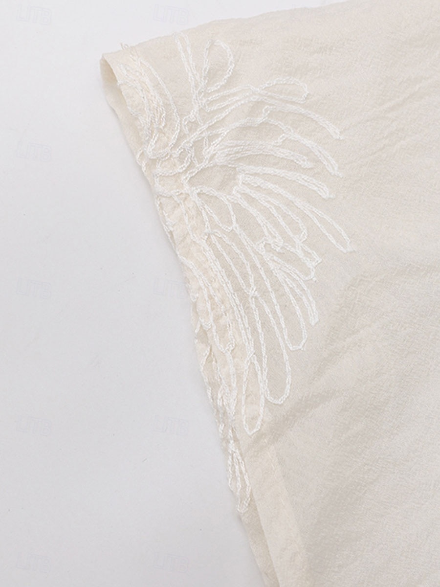 Abito per la madre della sposa elegante vintage semplice scollatura a V lunghezza tea in misto cotone maniche lunghe con ricami abito midi per ospiti di matrimonio del 2025 a $84.99 –P12