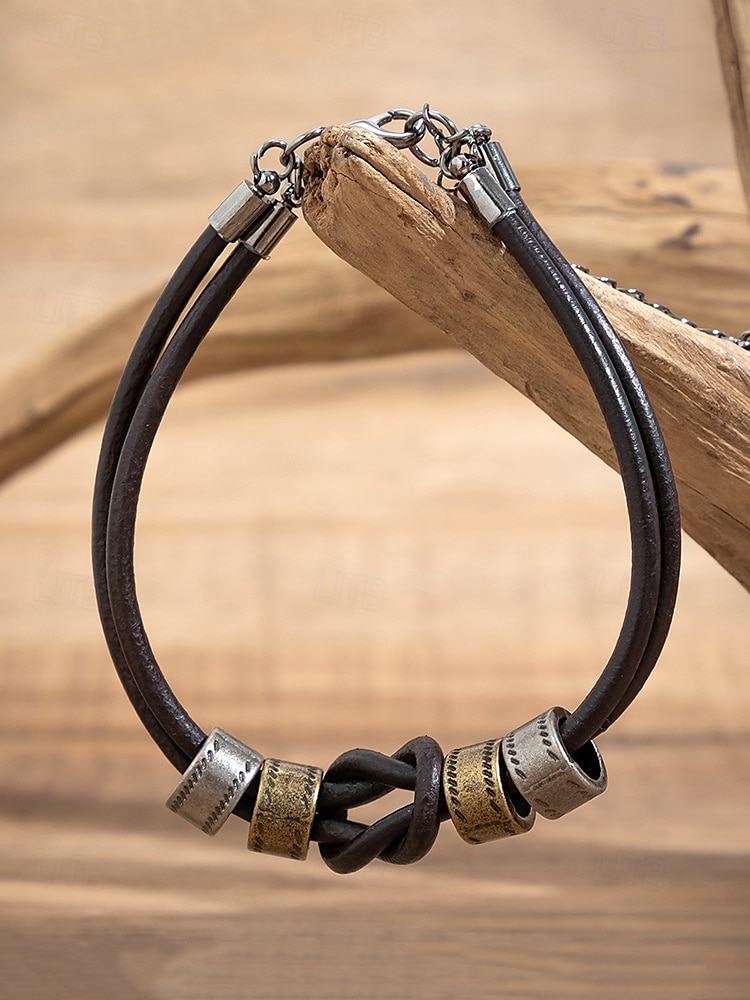 conjunto de colar e pulseira de couro masculino – design de nó vintage com detalhes em metal, joias artesanais ajustáveis para estilo casual, motociclista e boho, perfeitas para uso diário e presentes de 2025 por $14.99 –P6