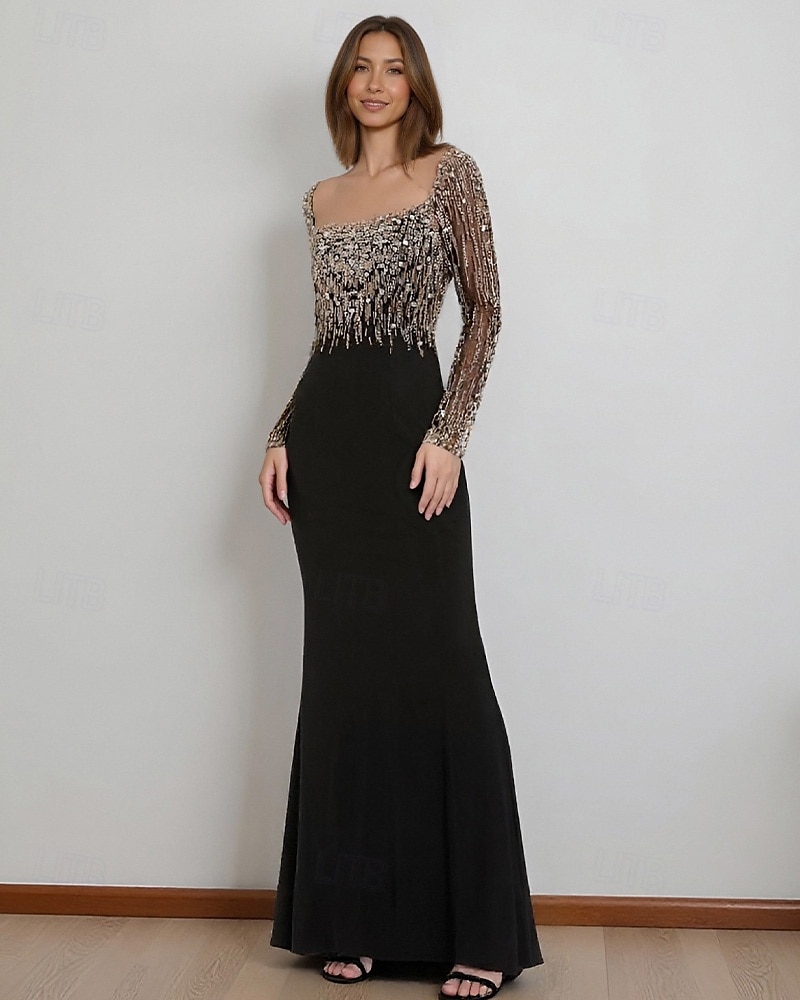 Meerjungfrau/Trompete Abendkleid elegantes Kleid formelle Abendparty bodenlang Langarm quadratischer Ausschnitt Stretch-Crêpe mit Perlenkristallen 2025 2025 - $196.99 –P1