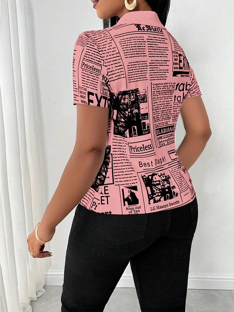 Blus Dam Svart Vit Rodnande Rosa Tidning Spänne Tryck Dagligen Elegant V-hals Normal S 2025 - $21.99 -P6