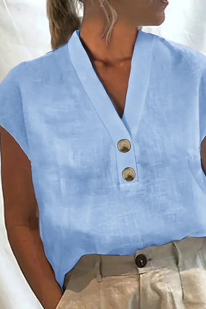 Per donna Misto cotone Blusa Bottoni Semplice Essenziale Moderno Casual Manica Corta Scollo a V Top Regolari Ferie Uscire Bianco Rosa Verde Azzurro Estate del 2026 a $7.49 –P1