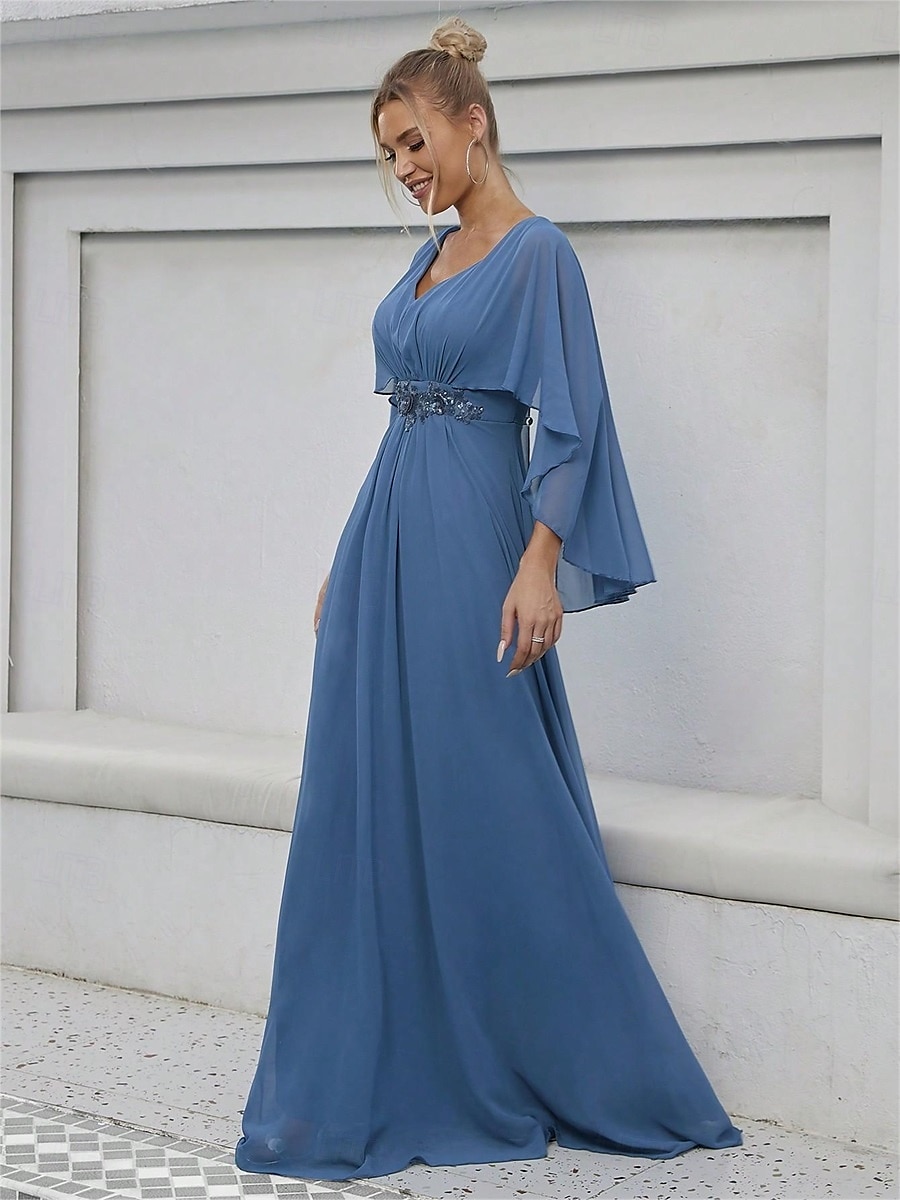 Dress Mother of the Bride Dress Elegant Party V Neck Floor Length Polyester Half Sleeve with Appliques 2025 2025 - $82.99 –P6