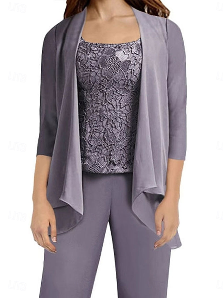 Hosenanzug Brautmutterkleid Hochzeitsgast Elegant Einfach Rundausschnitt Bodenlang Polyester Langarm mit Applikationen Einfarbig 2025 2025 - $103.99 –P7