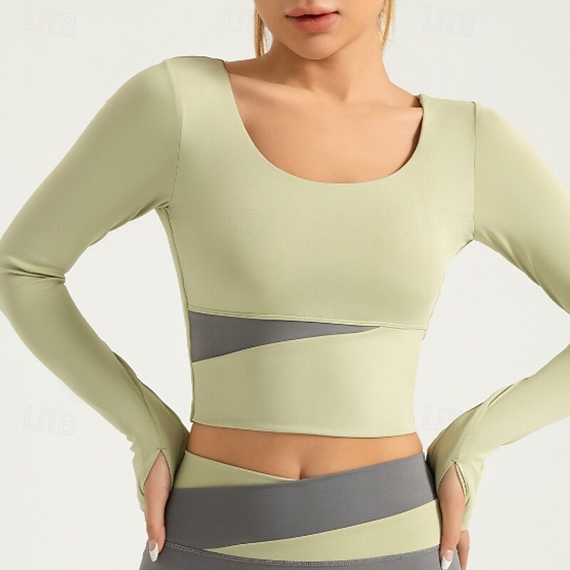 Tshirt de Yoga Femme Tee-shirt Top Encolure dégagée Patchwork Bloc de couleur Spandex Yoga Aptitude Fonctionnement manche longue Des sports Tenues de Sport Respirable Séchage rapide Poids Léger de 2025 ? $30.99 -P2
