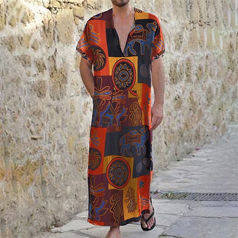 בגדי ריקוד גברים הלבשת כסאות כתונת לילה חולצת לילה הדפסים גרפיים מסוגנן נוחות חלוקי קימונו בית יומי פוליאסטר נושם צווארון V שרוולים קצרים קיץ כתום 2025 - $29.99 –P6