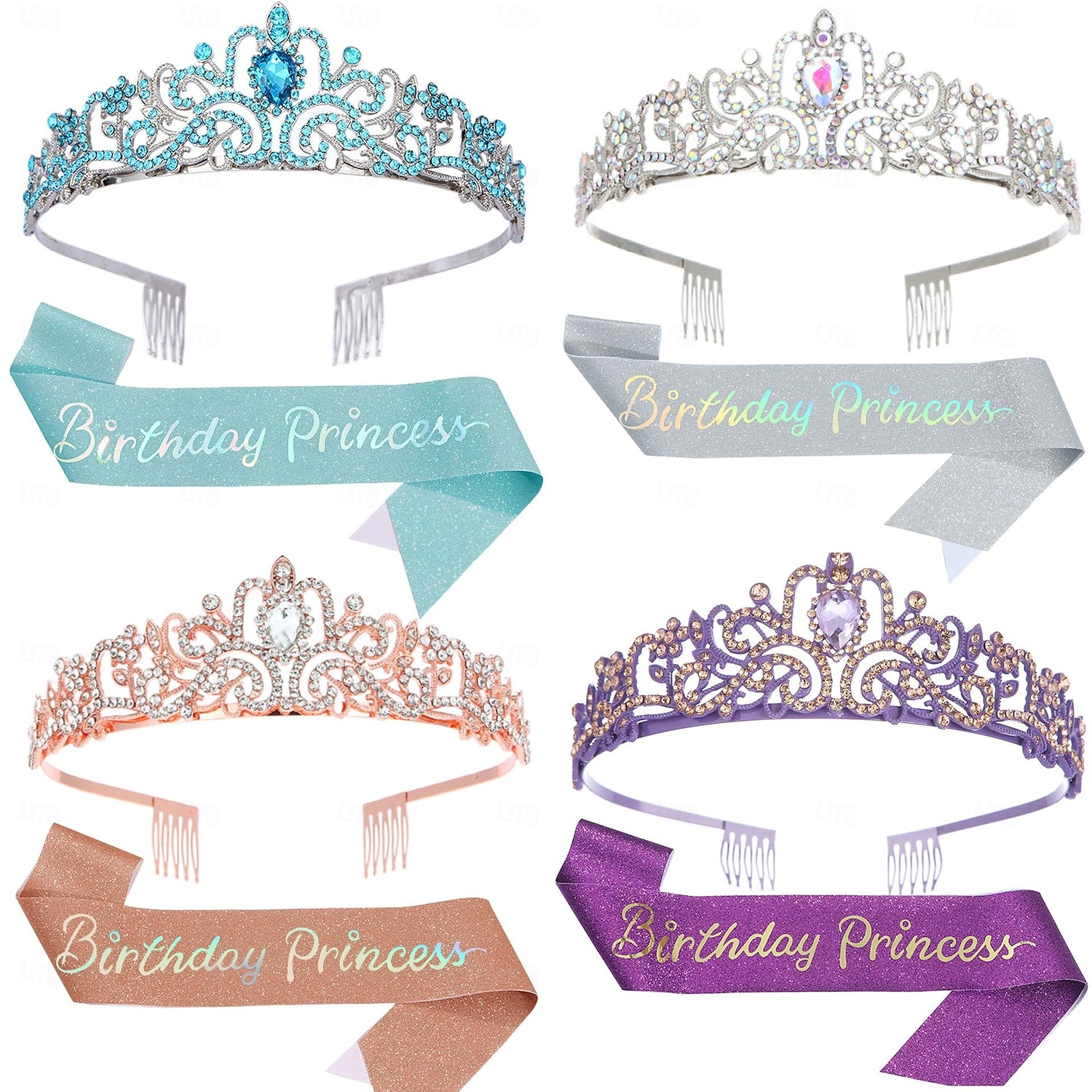 set di accessori da 2 pezzi per compleanno principessa - cerchietto e fascia con strass per donne e ragazze del 2025 a $11.99 –P1