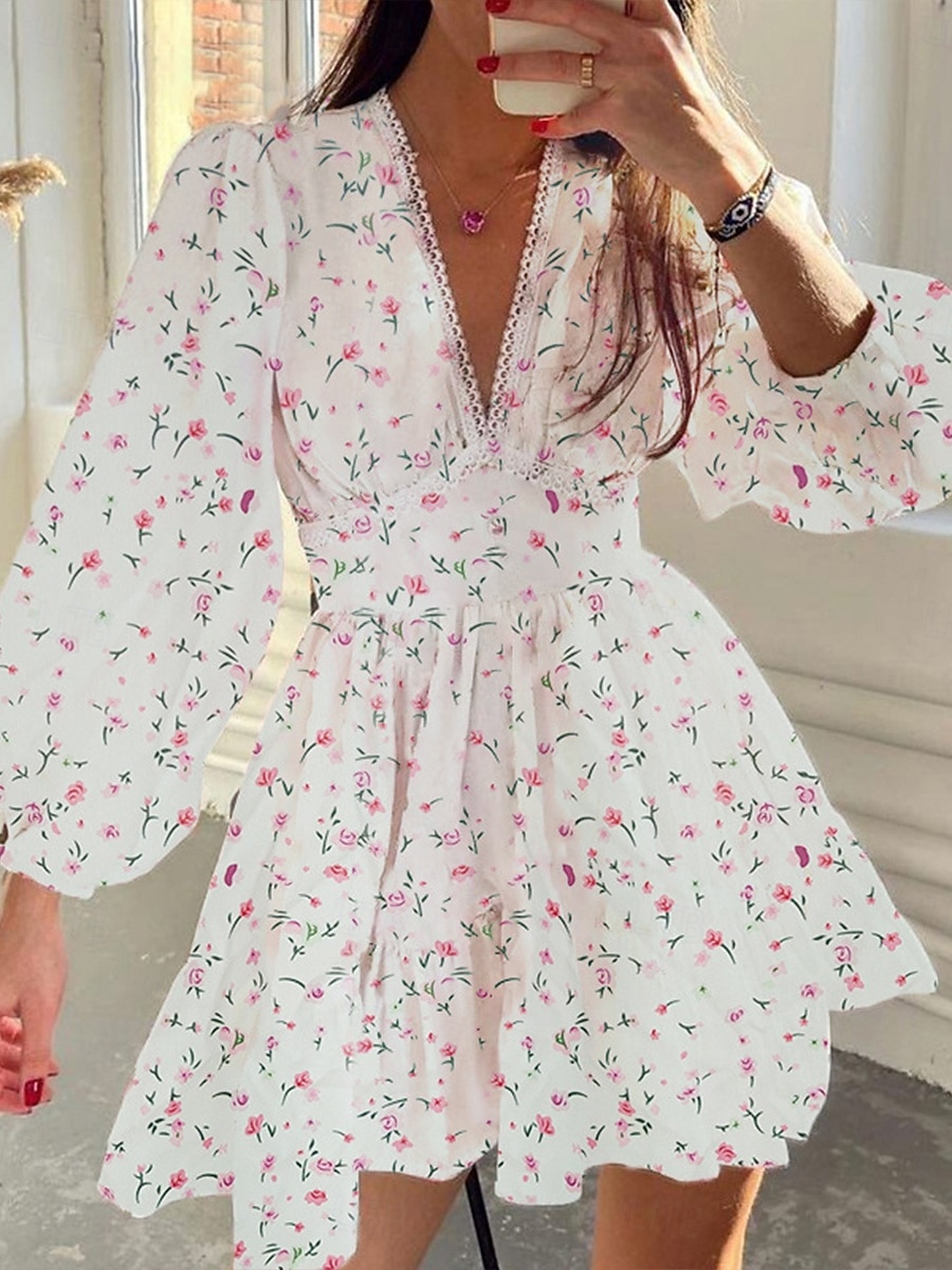 Per donna Mini abito Abito da ospite di nozze Boho Abito aderente e svasato Elegante Moda Sensuale Standard Floreale Manica lunga A V Magenta Nero Bianco Rosa Estate Primavera del 2025 a $23.99 –P2