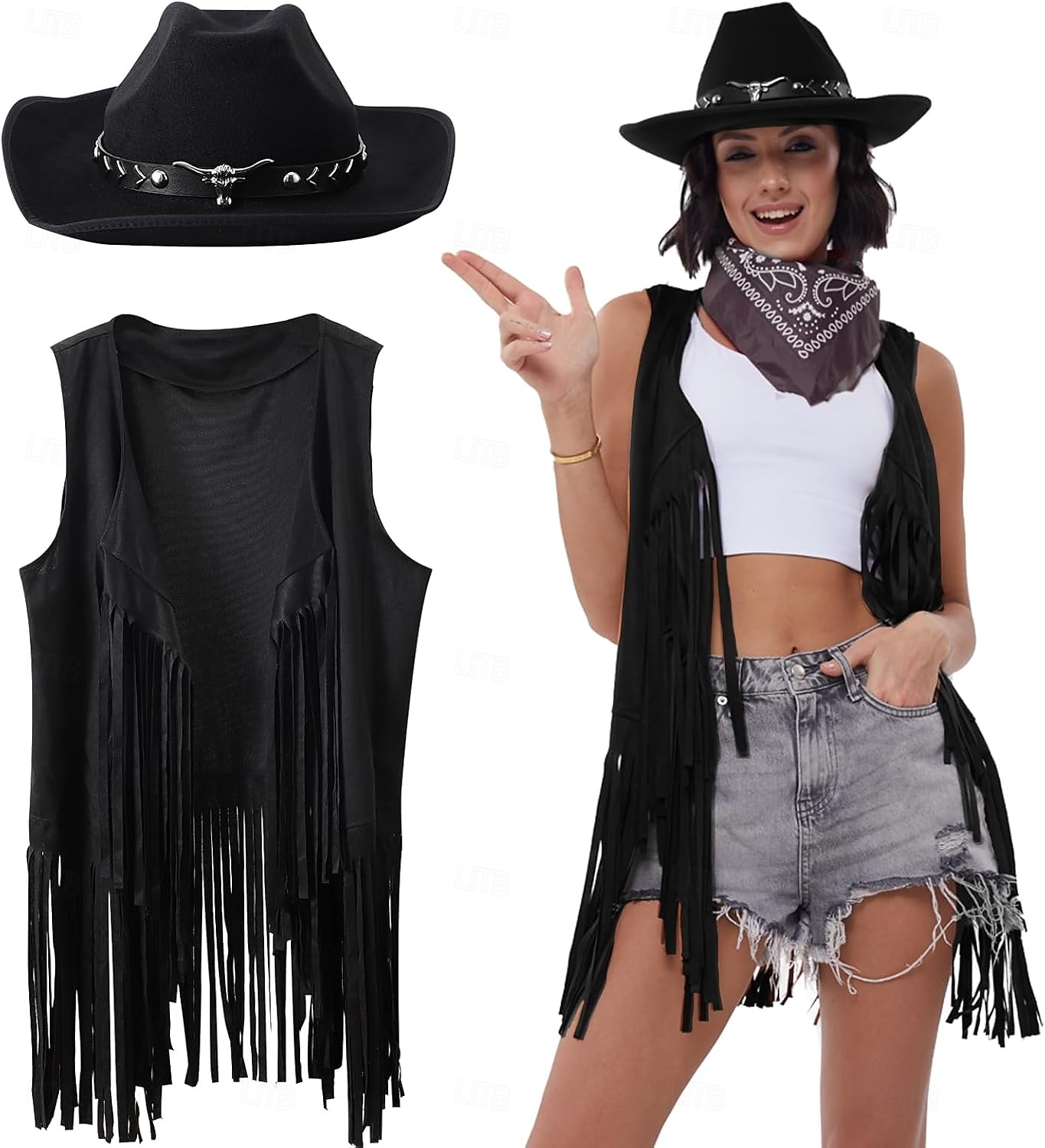 Western Outfits for Women Cowgirl Tassel Sleeveless Vest Cowboy Hat and Paisley Bandana 2025 - $30.99 –P2