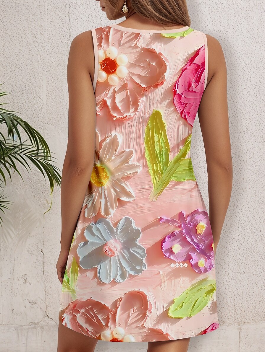 Per donna Mini Abito Abito a trapezio Abito Estivo Abito a spalle scoperte Casual Abiti semi formali Quotidiano Data Vestibilità comoda Floreale Grafico Senza Maniche Collo a U Rosa Estate del 2025 a $21.99 –P2