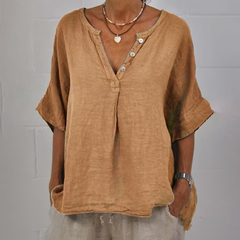 Per donna Camicia Blusa Camicie di cotone e lino Semplice Essenziale Moderno Casual Mezza Manica Scollo a V Top Regolari Quotidiano Ferie Uscire Bottoni Nero Giallo Rosa Grigio Azzurro Estate del 2025 a $22.99 –P5