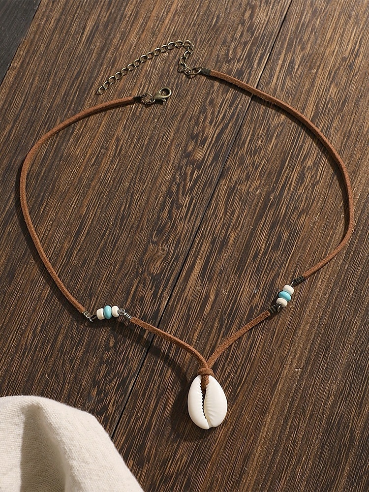 Collar bohemio de concha de cauri para hombre: colgante de cordón de cuero hecho a mano con cuentas, estilo surfista de playa, gargantilla tribal ajustable para verano, viajes y ropa informal 2025 - $7.99 –P4
