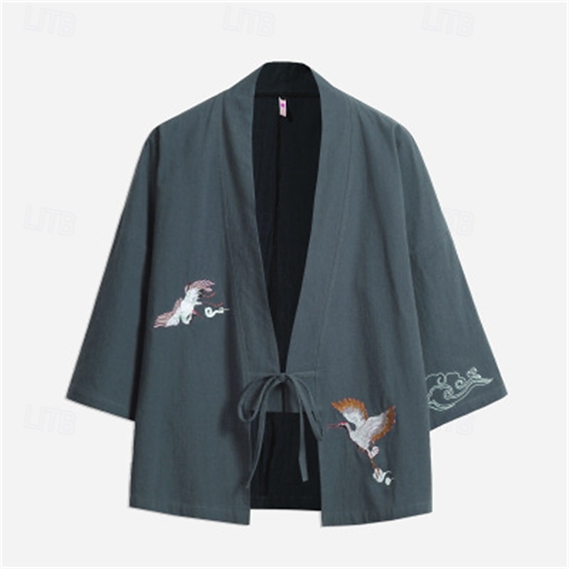 Men's Shirt Linen Shirt Casual Shirt Cotton Shirt Bird Vacation Holiday Black Wine Navy Blue Gray Long Sleeve V Neck Summer Clothing Apparel Embroidered 2025 - $25.99 –P5