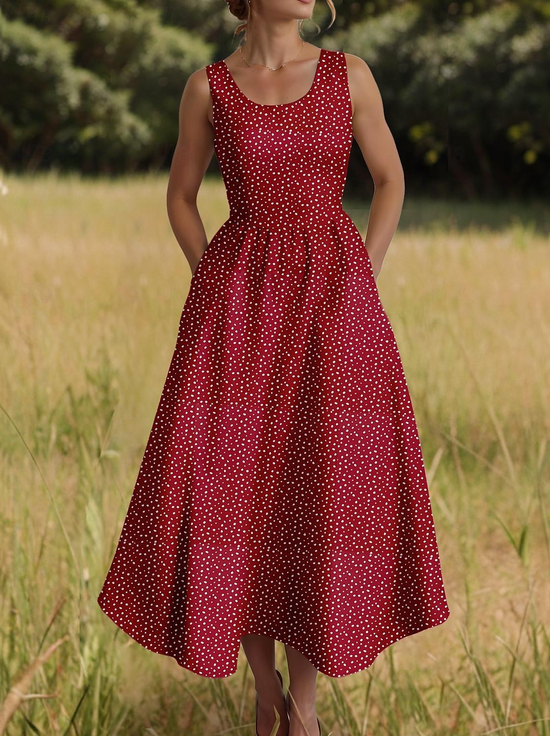 Femmes Robe Midi Robe d'Été Robe trapèze Robe à épaules dénudées Vacances Occasionnel Boho Extérieur Soirée Sortir Coupe régulière Graphique À pois Sans manches Col en U Vin Été de 2025 ? $35.99 –P1