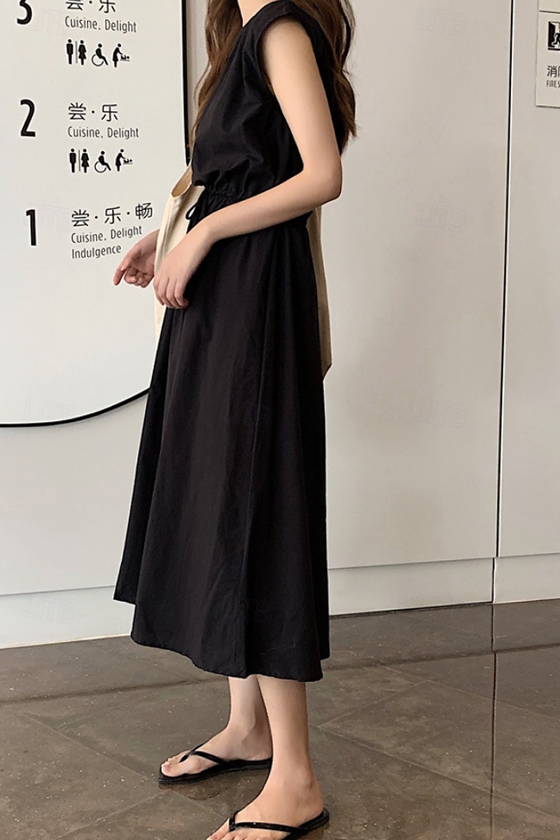 Per donna Abito Midi Abiti in cotone e lino Moda Classico Moderno All'aperto Quotidiano Ferie Vestibilità regolare Semplice Senza Maniche Girocollo Nero Verde chiaro Verde militare Blu marino Estate del 2025 a $26.99 –P19