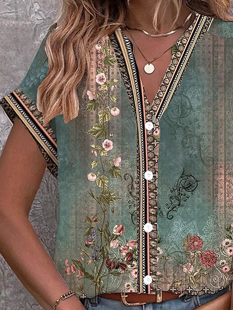Damen Bluse Blumen Grafik Vintage Stilvoll Ethnisch Kurzarm Einkerbiger Ausschnitt Normale Oberteile Täglich Knöpfe Druck Salbeigrün Sommer Frühling 2025 - $29.99 –P2