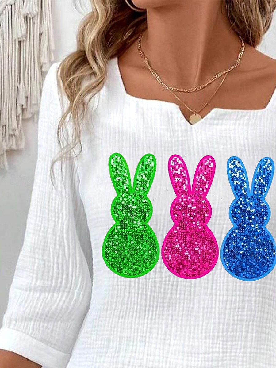 Frau Bluse Tierisch Elegant 3/4 Länge Ärmel Eingeschnittener Hals Regulär Oberteile Täglich Leinenartig Ausgehen Print Weiß Sommer 2025 - $23.99 –P3