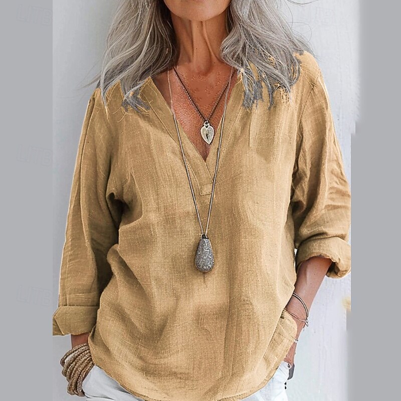 Per donna Camicia Blusa Camicie di cotone e lino Semplice Moderno Casual Manica Lunga Scollo a V Top Regolari Quotidiano Uscire Bottoni Giallo Rosa Cachi Grigio Estate del 2025 a $22.99 –P3