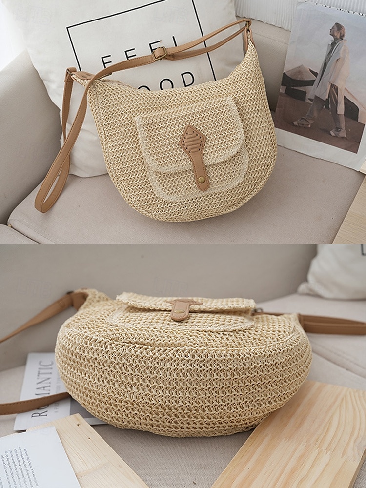 női nagy kapacitású, kézzel készített szalmából készült nyeregtáska válltáska - bohém crossbody táska elülső zsebbel, nyári strandtáska, alkalmi utazótáska nyaraláshoz, vásárláshoz és mindennapi használatra 2025 - $19.99 –P6