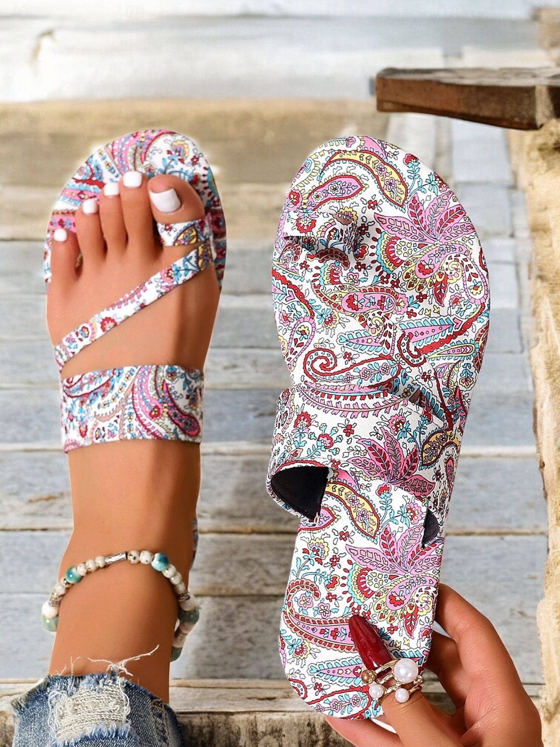 Flache Sandalen für Damen im Boho-Paisley-Print – stylische Riemchensandalen für den Sommer für Freizeitausflüge, Strand und Urlaub 2025 - $18.99 –P3