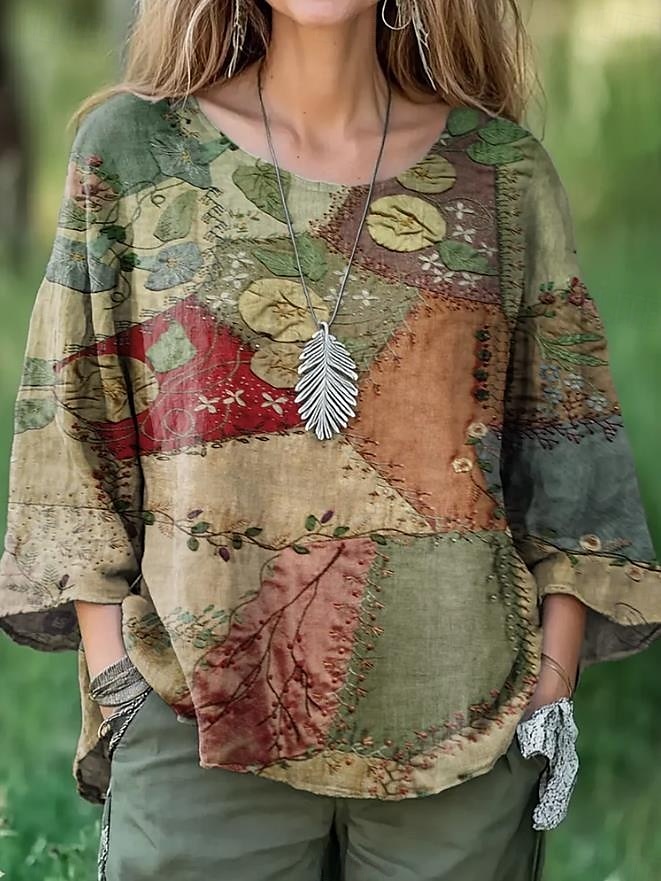 Blusa da donna in cotone e lino floreale elegante casual a maniche corte colletto girocollo regolare top quotidiano per spiaggia vacanza in lino simile stampa verde salvia rossa del 2025 a $28.99 –P1