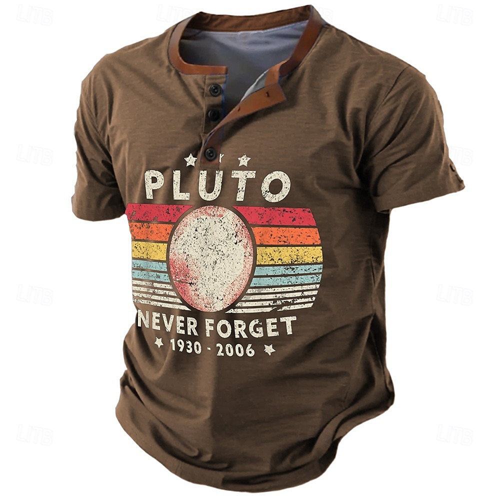 Hombre Nunca olvides a Plutón Camiseta Henley Shirt Manga Corta Impresión 3D Retro Antiguo Casual Deporte Casual Diario Primavera verano Azul Marino Marrón Verde Trébol Gris Henley Camiseta Henley 2025 - $21.99 –P5