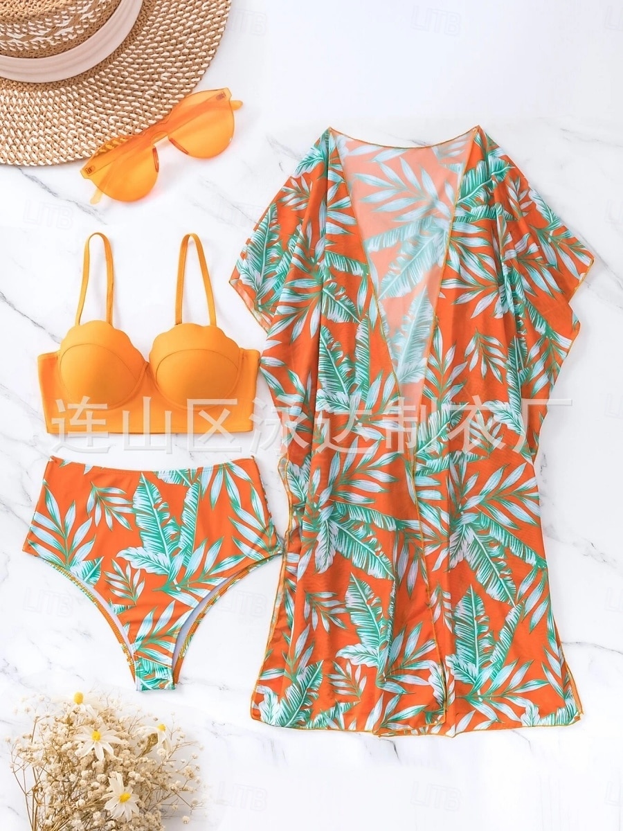 Kvinnors Baddräkter Bikini Tre Delad Troser Baddräkt Rygglös Mage Kontroll Hög Midja Slim Semester Strandkläder Löv V Nack Långärmad Baddräkter 2025 - $31.99 –P4