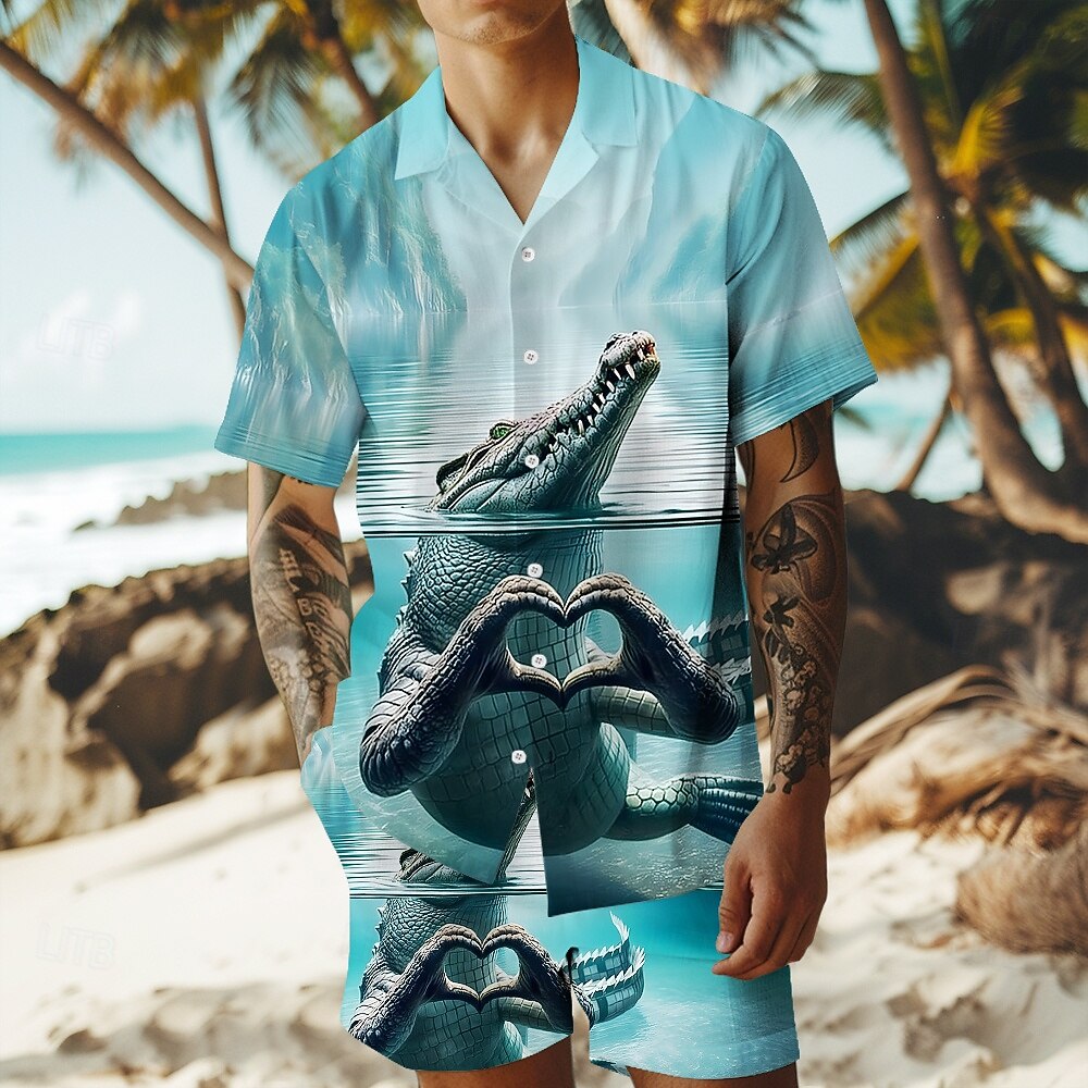 2025年 男性用 クロコダイル 2個 シャツセット シャツ 半袖 ショートパンツ キューバンカラー 旅行度假风 カジュアル 普段着 パーティー カジュアル 日常 3Dプリント 夏 ロビンエッグブルー  コレクション – $32.99 –P1