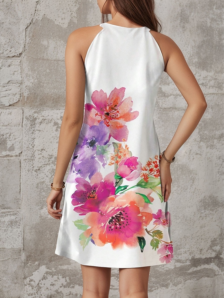 Dam Mini klänning Solklänning Grimma klänning Off Shoulder Klänning Semester Ledigt Dagligen Normal Blommig Grafisk Ärmlös Halterneck Rubinrött Sommar 2025 - $31.99 –P3