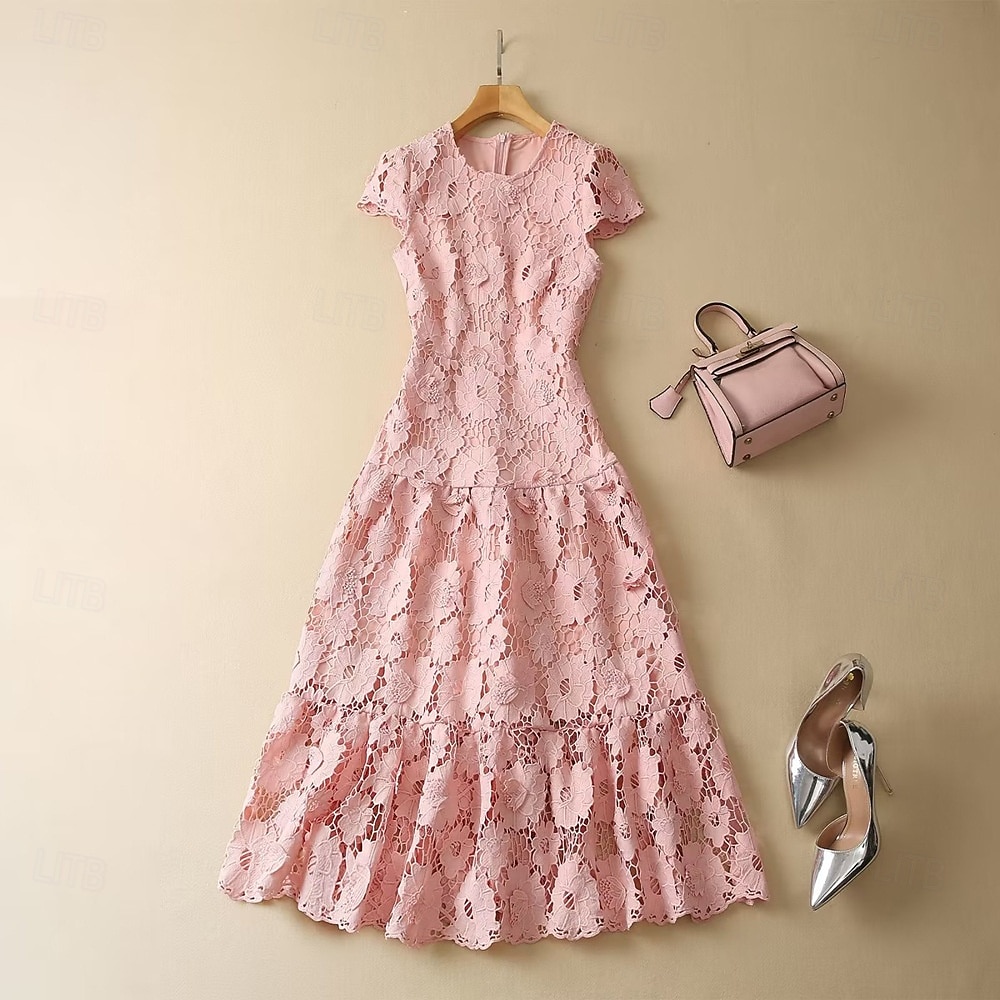 A-Line Cocktail Dresses Elegant Dress Wedding Guest Holiday Tea Length Short Sleeve Crew Neck Lace with Floral Lace 2025 - $159.99 –P6