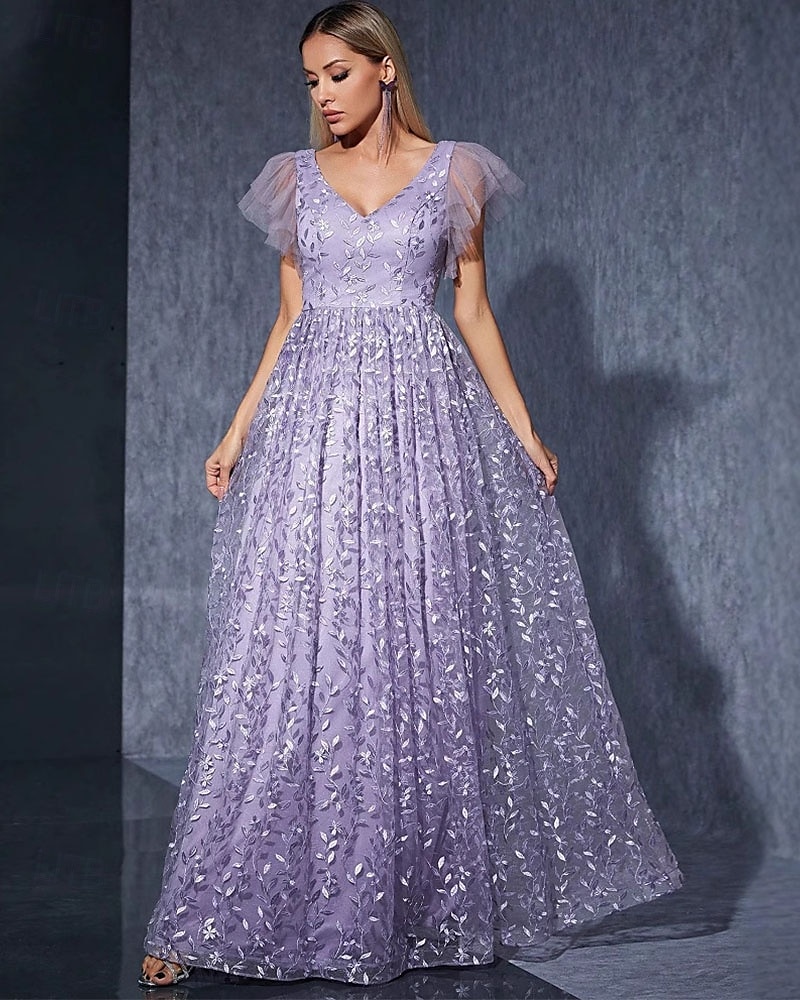 Kleid Mutter der Braut Kleid elegantes lässiges V-Ausschnitt bodenlang Polyester Kurzarm mit Blume 2025 - $104.99 –P3