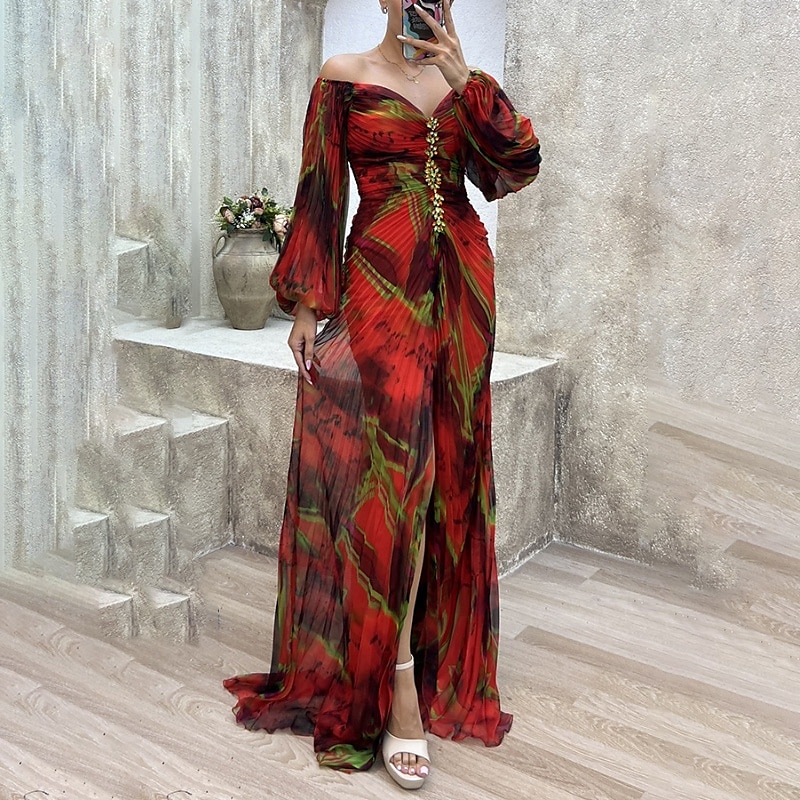 Femme robe longue robe soirée Robe froncée Mode Soirée Standard Fleur manche longue Col V Jaune Vin Bleu Vert Eté de 2025 ? $30.99 –P13