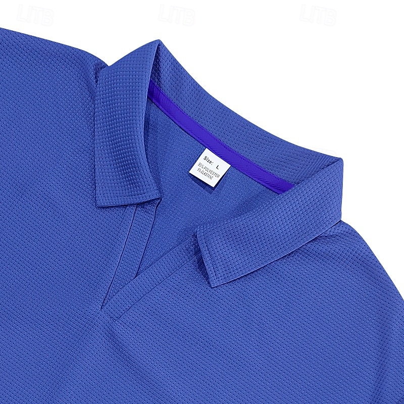 2025年 男性用 ワッフルポロシャツ ゴルフシャツ ビジネス カジュアル Vネック 半袖 ファッション ベーシック 純色 ボタン 夏 春 & 秋 レギュラー ブラック ホワイト ロイヤルブルー ライトグレー ベージュ ワッフルポロシャツ  コレクション – $18.99 –P6