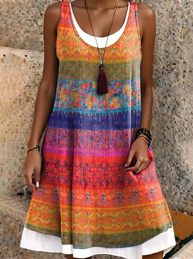 Femmes Mini Robe Robe T-Shirt Robe d'Été Robe trapèze Vacances Occasionnel Boho Quotidien Fête du thé Sortir Coupe Ample Fleuri Graphique Sans manches Col en U Bleu Orange Été Printemps de 2025 ? $24.99 –P1