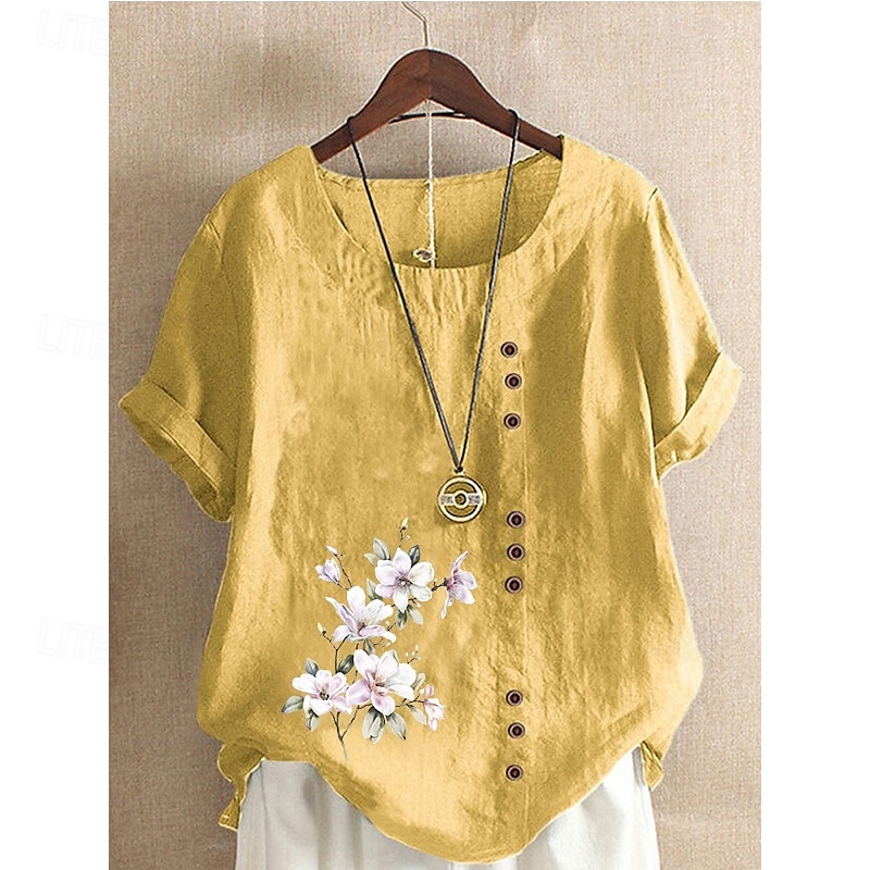 Femmes Chemisier Chemises en coton et lin Fleur Occasionnel Manche Courte Col ras du cou Hauts Réguliers Quotidien Fête Imprimé Blanche Jaune Vert Véronèse Vert Été de 2025 ? $22.99 –P3
