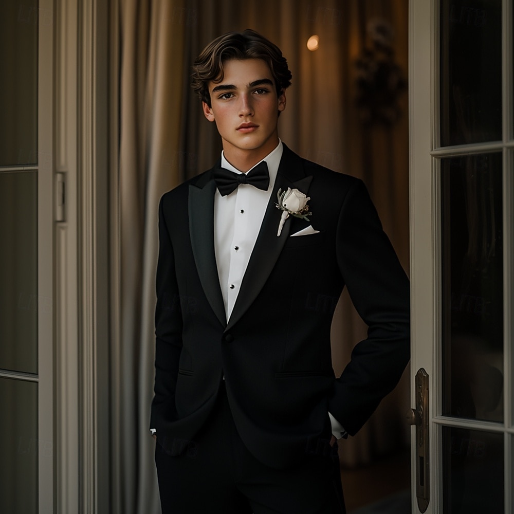 abiti da uomo per matrimonio, ballo di fine anno, smoking neri di lusso formali tinta unita standard fit 2 pezzi monopetto un bottone del 2025 a $122.99 -P3