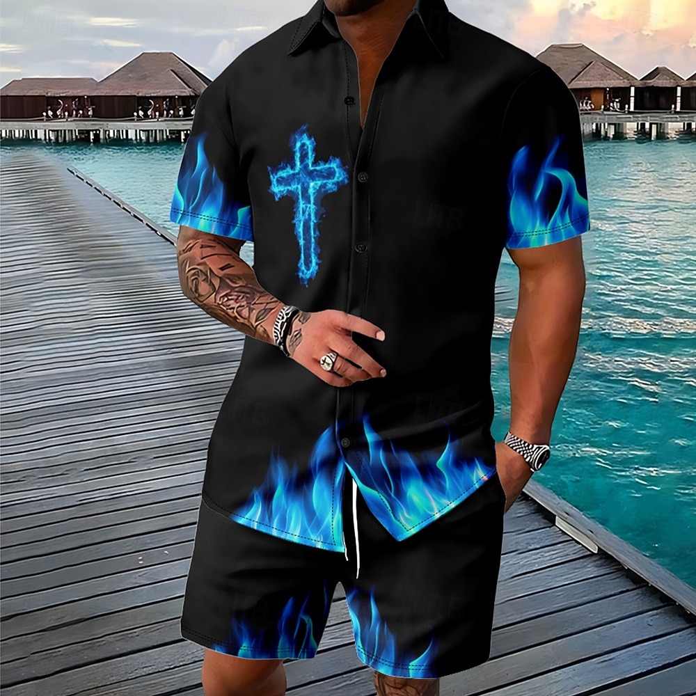 Påske Herre Kors 2stk Skjorter sett Skjortesett Kortermet Korte bukser Aftæpning Årgang Avslappet Daglig Festivalantrekk 3D-utskrift Sommer Rødstrupe-egg Blå Hvit Oransje 2026 - $40.99 –P4